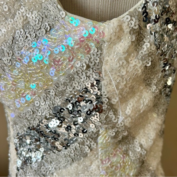 Dress the Population Zoe White Silver Sequin Deep V Cap Sleeve Dress Size Large - Picture 10 of 14